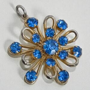 Vintage Gold Tone Blue Rhinestone Flower Pendant 1960s Mid Century